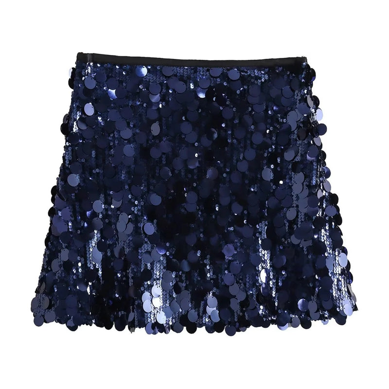 Gonna mini blu con paillettes scintillanti, moda donna elegante, abbigliamento da festa, stile glamour, tessuto luccicante.