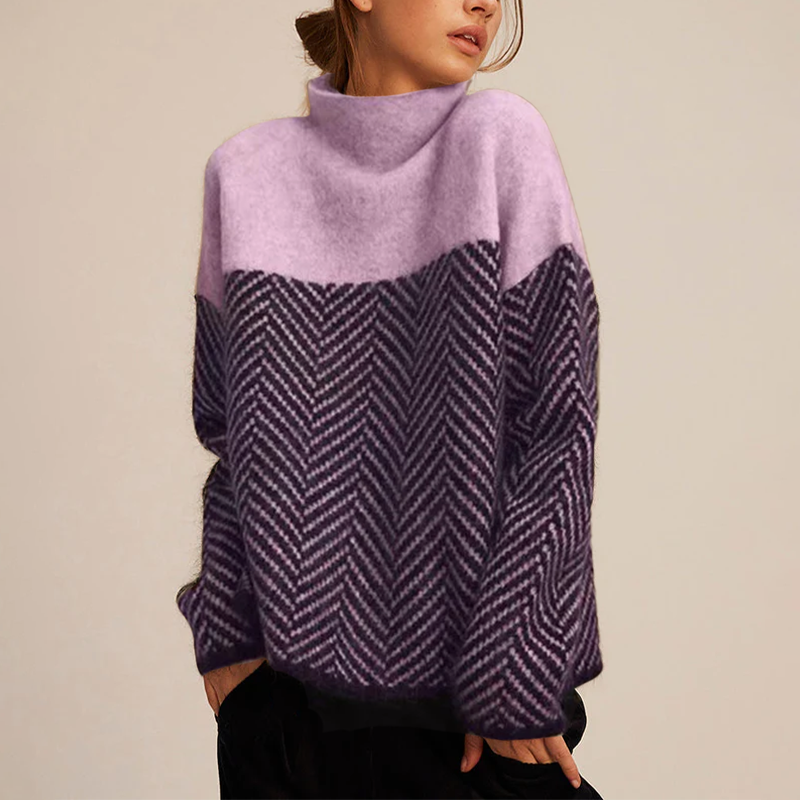 Maglione donna invernale, collo alto, motivo a spina di pesce viola e rosa, moda casual, abbigliamento caldo, stile elegante e moderno.
