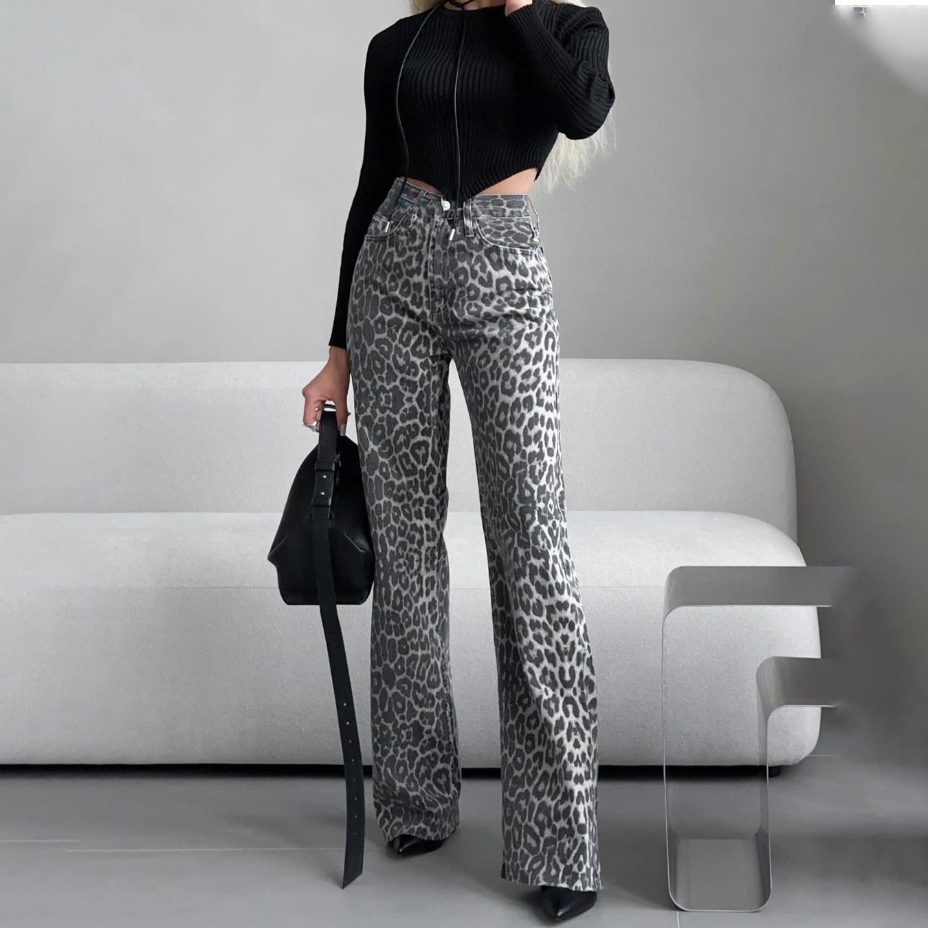 Donna Jeans Skinny Vita Alta con Stampa Leopardata