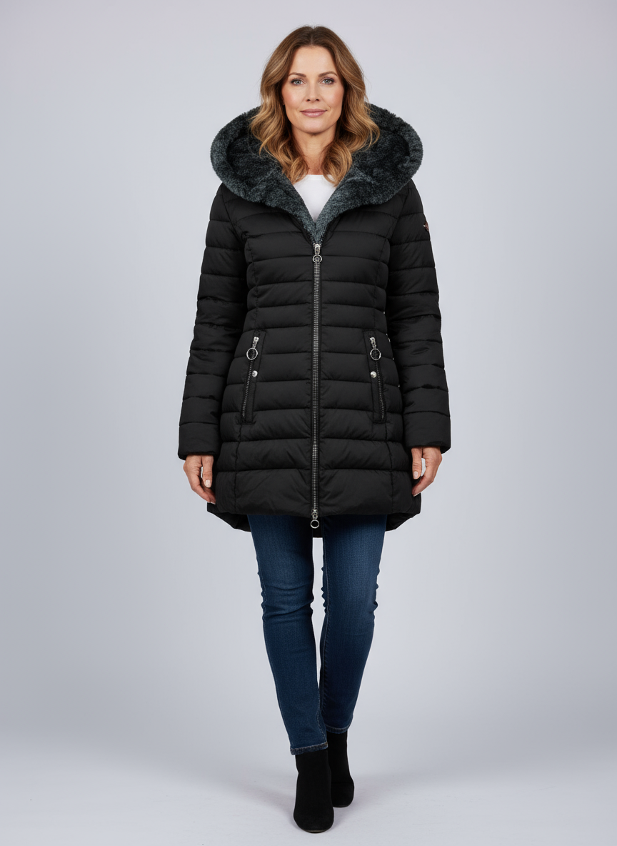 Giacca Invernale da Donna con Fodera Morbida Zip Asimmetrica e Cappuccio