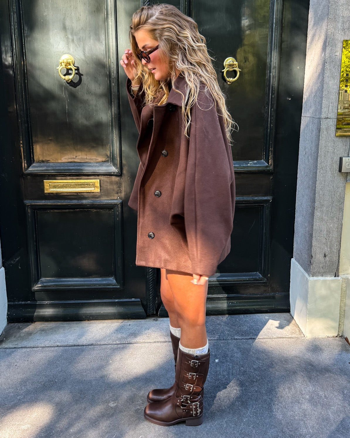 Brown Women's Biker Ankle Boots with Buckle and Side Zip