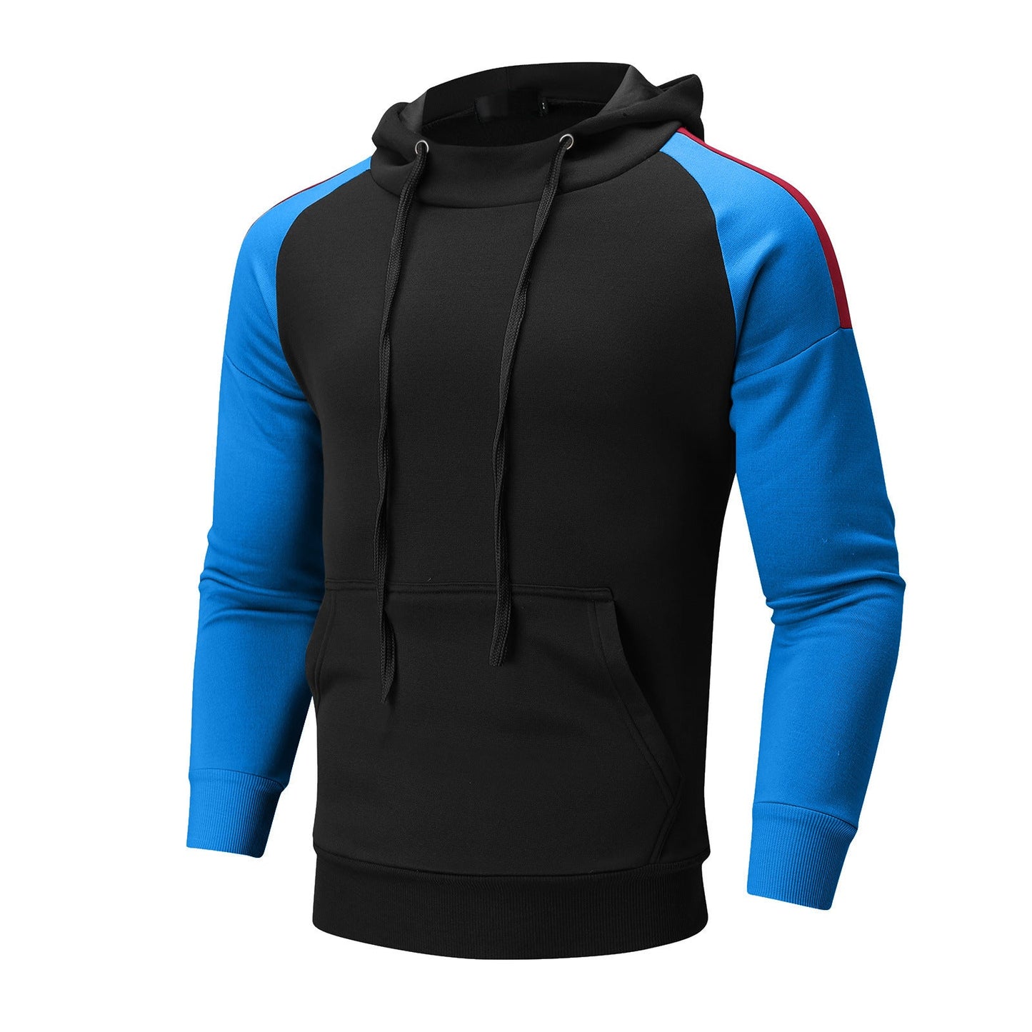 Felpa con cappuccio nera e blu, maniche lunghe, tasca frontale, dettagli rossi sulle spalle. Abbigliamento casual uomo, moda streetwear.