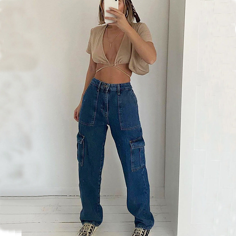 Donna Jeans Vita Media con Design Multi-Tasca, Blu Scuro e Blu Chiaro
