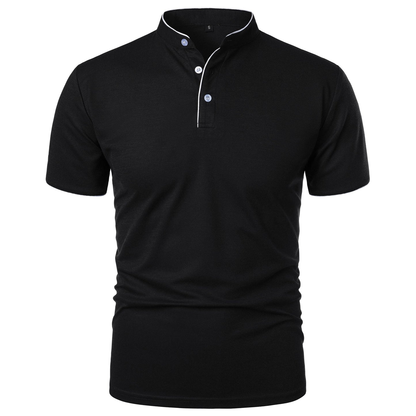 Maglietta polo nera da uomo con colletto alla coreana e bottoni, design elegante e moderno, ideale per abbigliamento casual e formale.