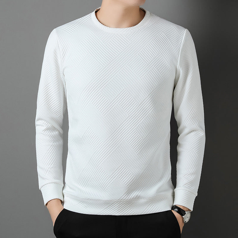 Maglione bianco uomo, design geometrico, maniche lunghe, stile casual elegante, tessuto a trama, moda maschile autunno inverno.