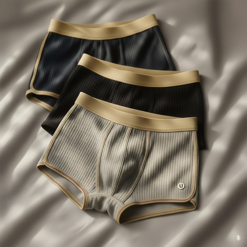 Tre paia di boxer maschili a righe, colori nero, grigio e beige, su sfondo di tessuto bianco. Intimo uomo elegante, comodo e moderno.