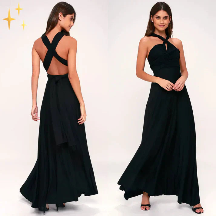 Abito lungo nero elegante con scollo all'americana e schiena scoperta, indossato da modella. Perfetto per serate formali e occasioni speciali.