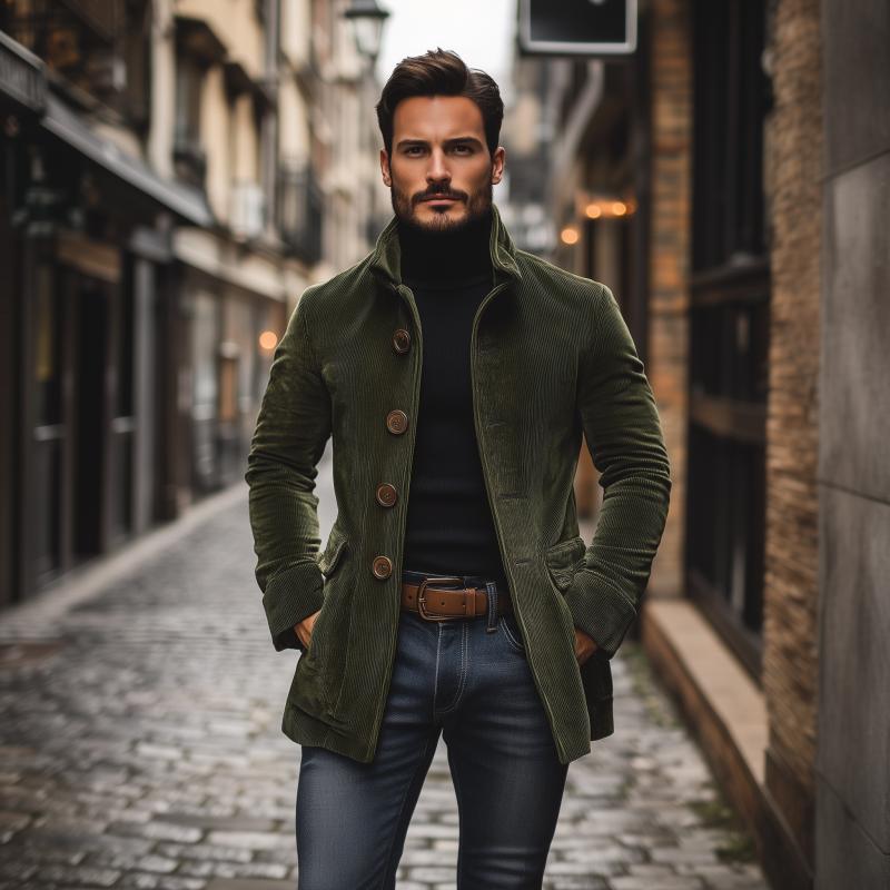 Uomo elegante in cappotto verde su strada acciottolata, moda autunnale, stile urbano, abbigliamento maschile, look casual chic, città europea.