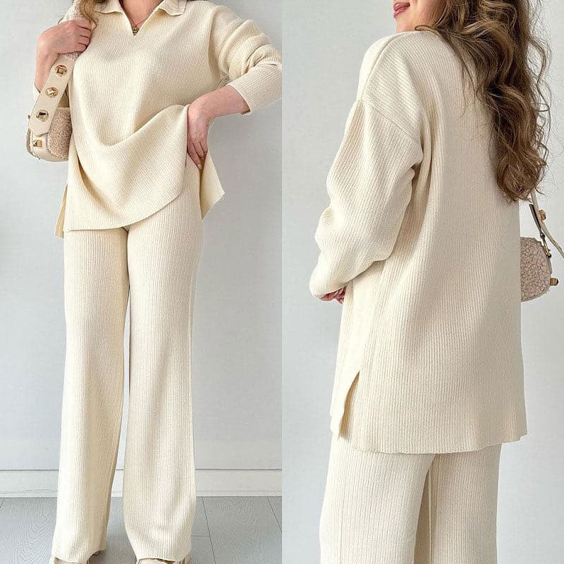 Completo Autunnale da Donna in Maglia Due Pezzi con Top a V e Pantaloni a Gamba Larga