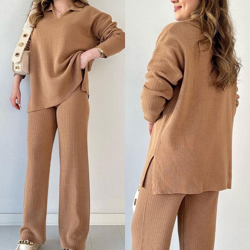 Completo Autunnale da Donna in Maglia Due Pezzi con Top a V e Pantaloni a Gamba Larga
