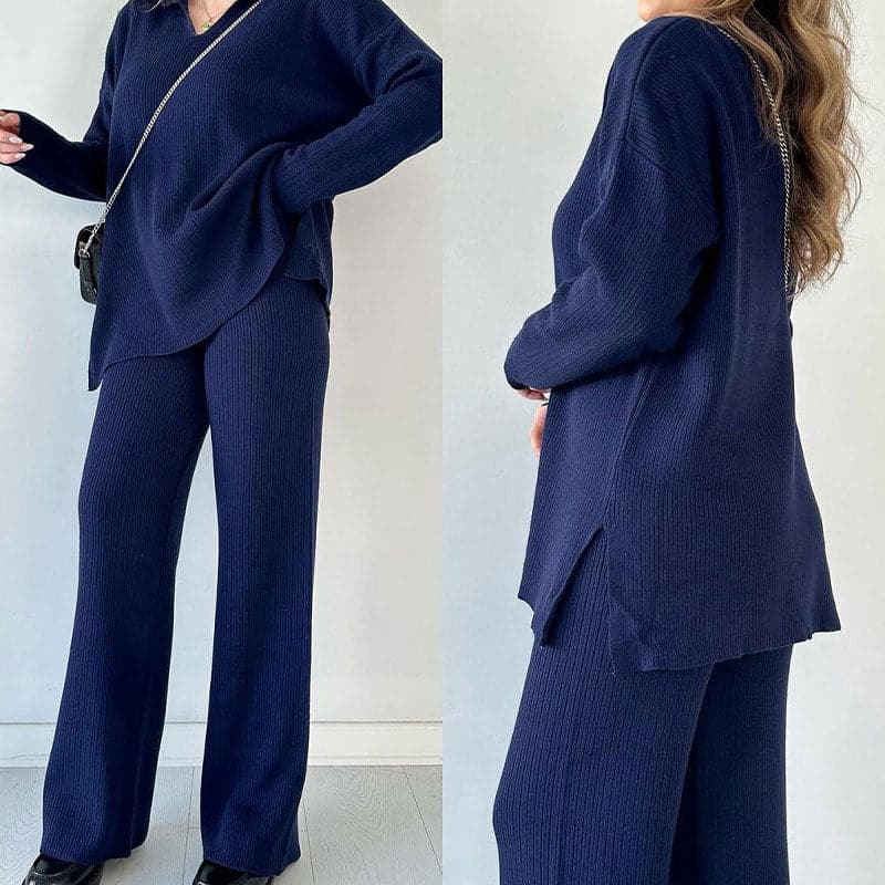 Completo Autunnale da Donna in Maglia Due Pezzi con Top a V e Pantaloni a Gamba Larga