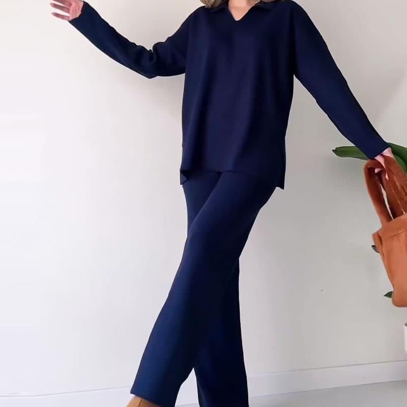 Completo Autunnale da Donna in Maglia Due Pezzi con Top a V e Pantaloni a Gamba Larga