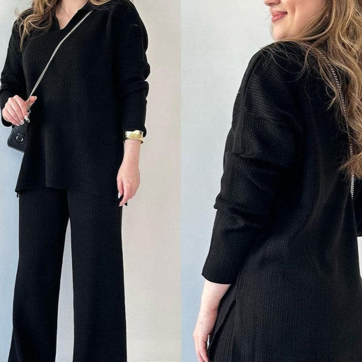 Completo Autunnale da Donna in Maglia Due Pezzi con Top a V e Pantaloni a Gamba Larga