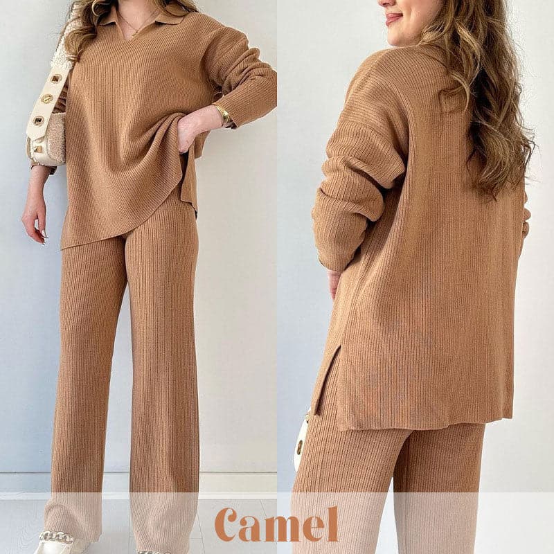 Completo Autunnale da Donna in Maglia Due Pezzi con Top a V e Pantaloni a Gamba Larga