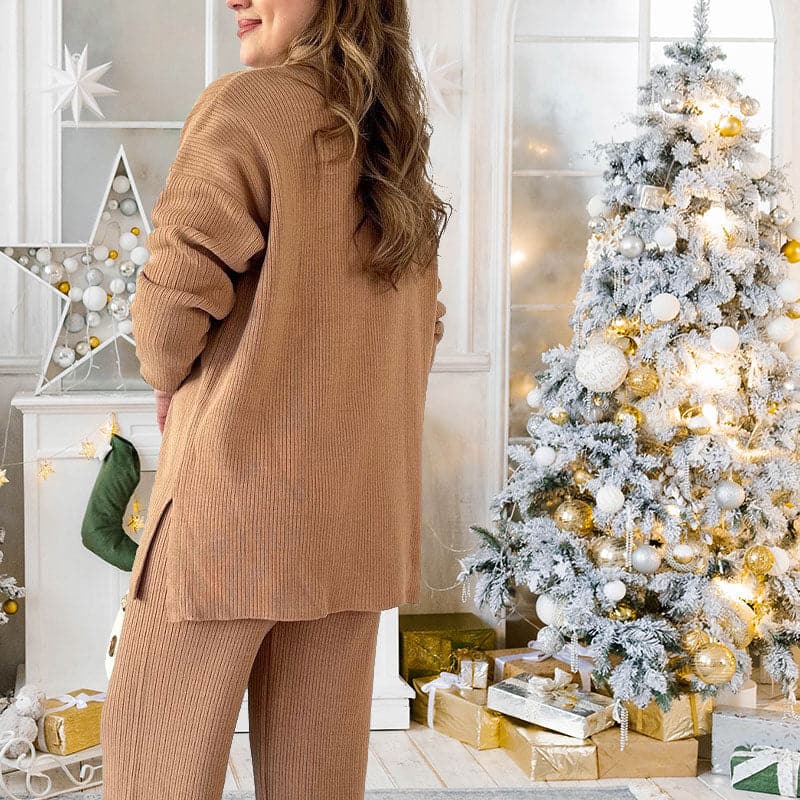 Completo Autunnale da Donna in Maglia Due Pezzi con Top a V e Pantaloni a Gamba Larga