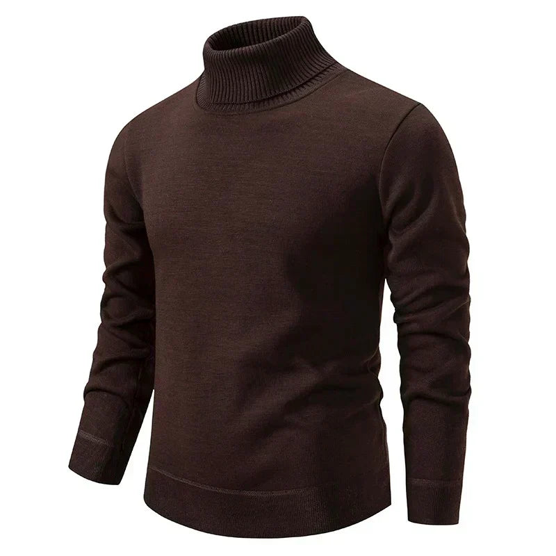 Maglione dolcevita marrone scuro in lana, maniche lunghe, design elegante e moderno, ideale per moda autunno inverno uomo.