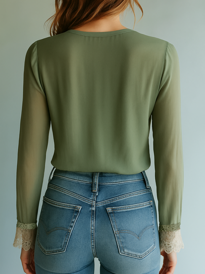 Blusa Donna in Pizzo Floreale Maniche Lunghe Velate Bordi Smerlati