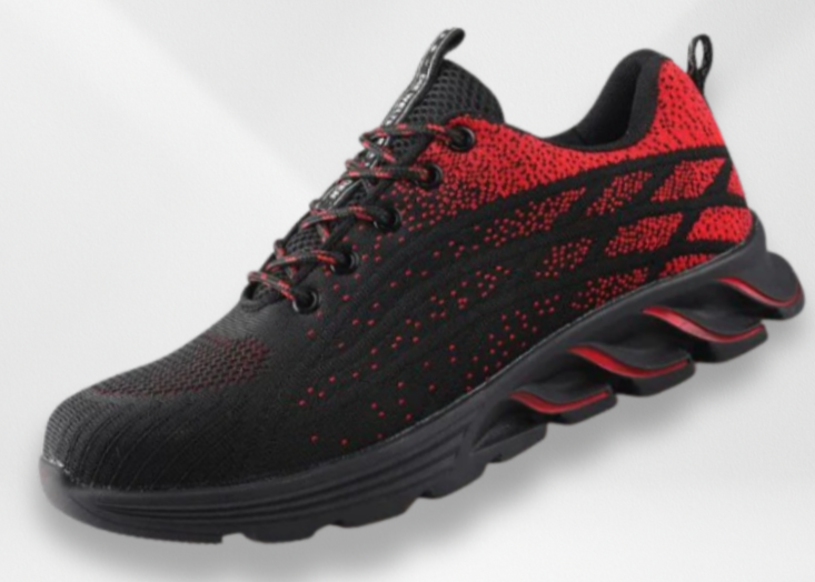 Scarpa da corsa nera e rossa con suola ammortizzata, design sportivo e dettagli a rete. Ideale per attività sportive e allenamenti intensivi.