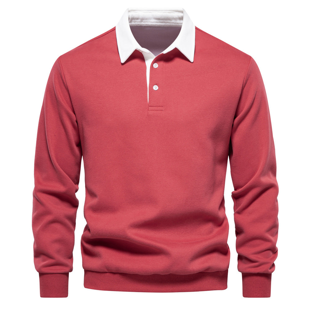 Maglione polo rosso uomo, maniche lunghe, colletto bianco, stile casual elegante, perfetto per moda autunno inverno, abbigliamento maschile trendy.