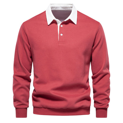 Maglione polo rosso uomo, maniche lunghe, colletto bianco, stile casual elegante, perfetto per moda autunno inverno, abbigliamento maschile trendy.