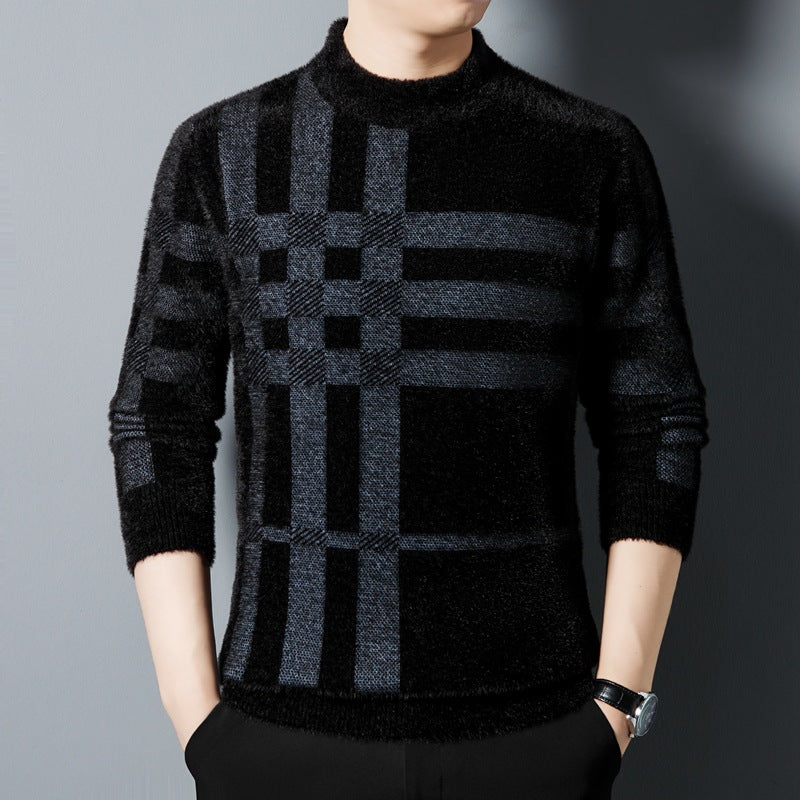 Maglione uomo nero a quadri, design elegante, maniche lunghe, indossato da modello. Moda maschile autunno inverno, stile casual chic.