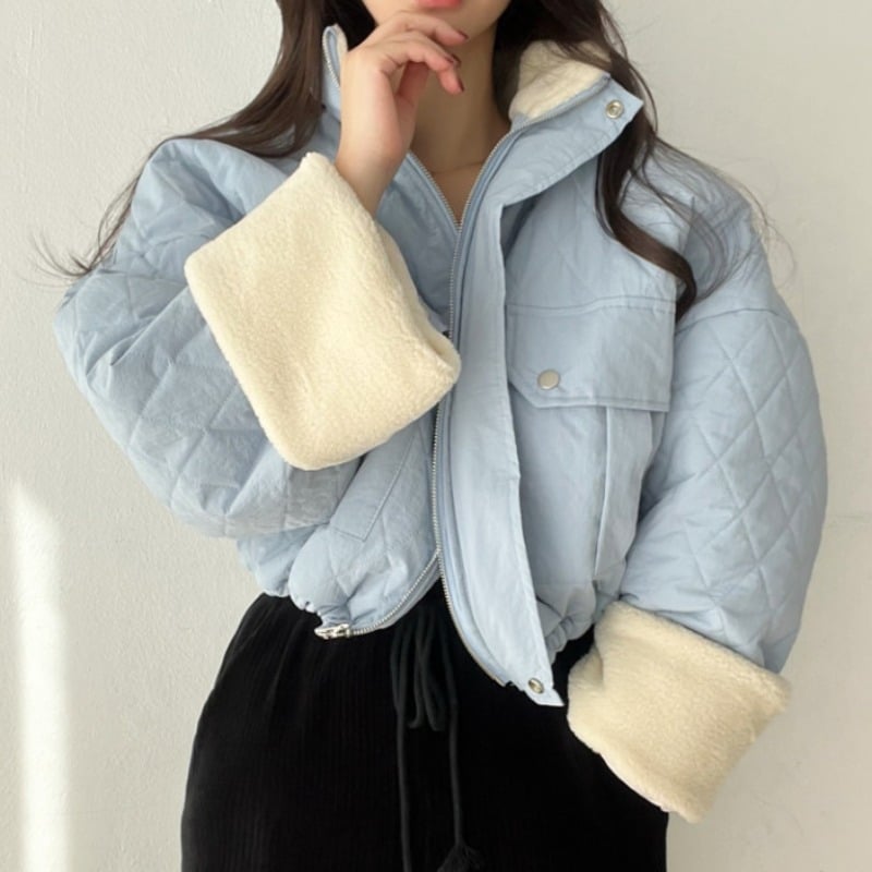 Chaqueta de invierno para mujer gruesa con cuello alto y costuras en terciopelo de cordero