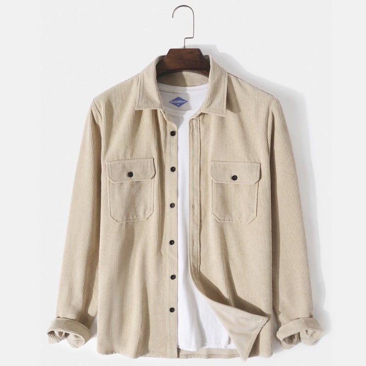 Camicia da Uomo a Maniche Lunghe in Velluto a Coste con Dettaglio Bottoni