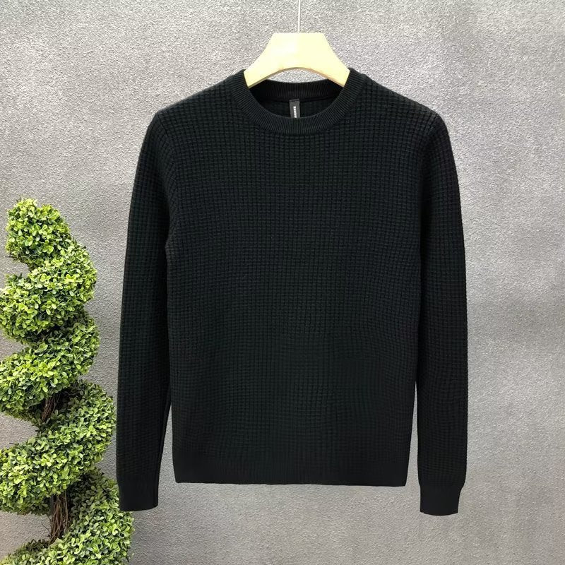 Maglione nero a maglia fine su appendiabiti, sfondo grigio, pianta decorativa a sinistra. Elegante, casual, moda uomo, abbigliamento invernale.