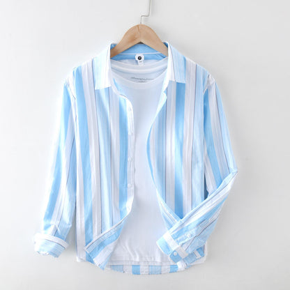 Men's Long Sleeve Shirt with Square Collar, Striped Pattern and Button Details