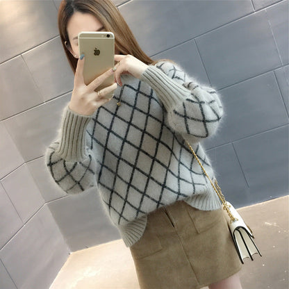 Maglione da Donna Pullover in Maglia con Motivo a Rombi e Scollo Rotondo