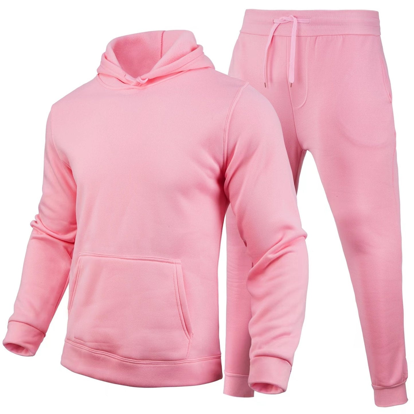 Tuta sportiva rosa in cotone, composta da felpa con cappuccio e pantaloni con coulisse. Abbigliamento casual unisex, moda comoda e trendy.
