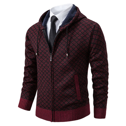 Giacca con cappuccio a quadri rossi e neri, zip frontale, indossata sopra camicia bianca e cravatta nera. Moda uomo elegante e casual.