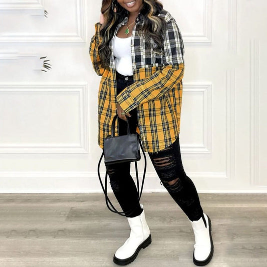 Camisa de manga larga para mujer en tallas grandes a cuadros con botones en el frente y bolsillo