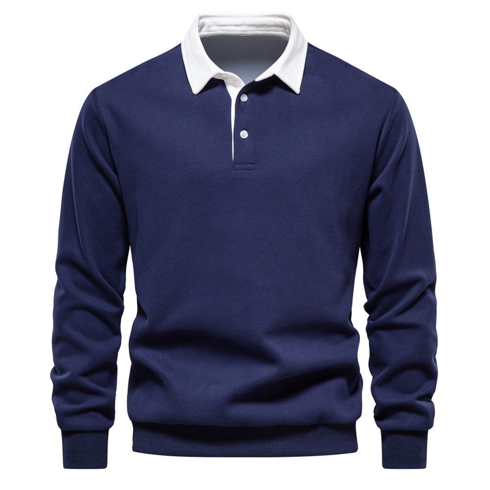 Maglione blu scuro con colletto bianco, design elegante e casual, ideale per moda uomo autunno inverno, abbigliamento versatile e confortevole.