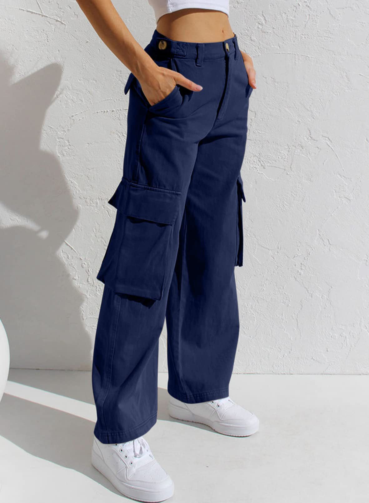 Pantaloni in Denim da Donna a Vita Bassa con Tasche Multiple e Vestibilità Ampia Stile Workwear