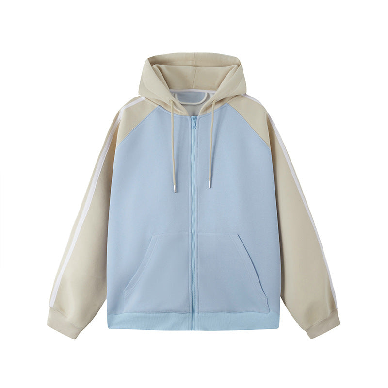 Felpa con cappuccio bicolore azzurra e beige, design casual, maniche lunghe, chiusura a zip, moda streetwear, abbigliamento unisex.