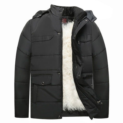 Giacca invernale nera imbottita, con cappuccio e fodera in pelliccia sintetica bianca, ideale per il freddo. Design moderno e funzionale.