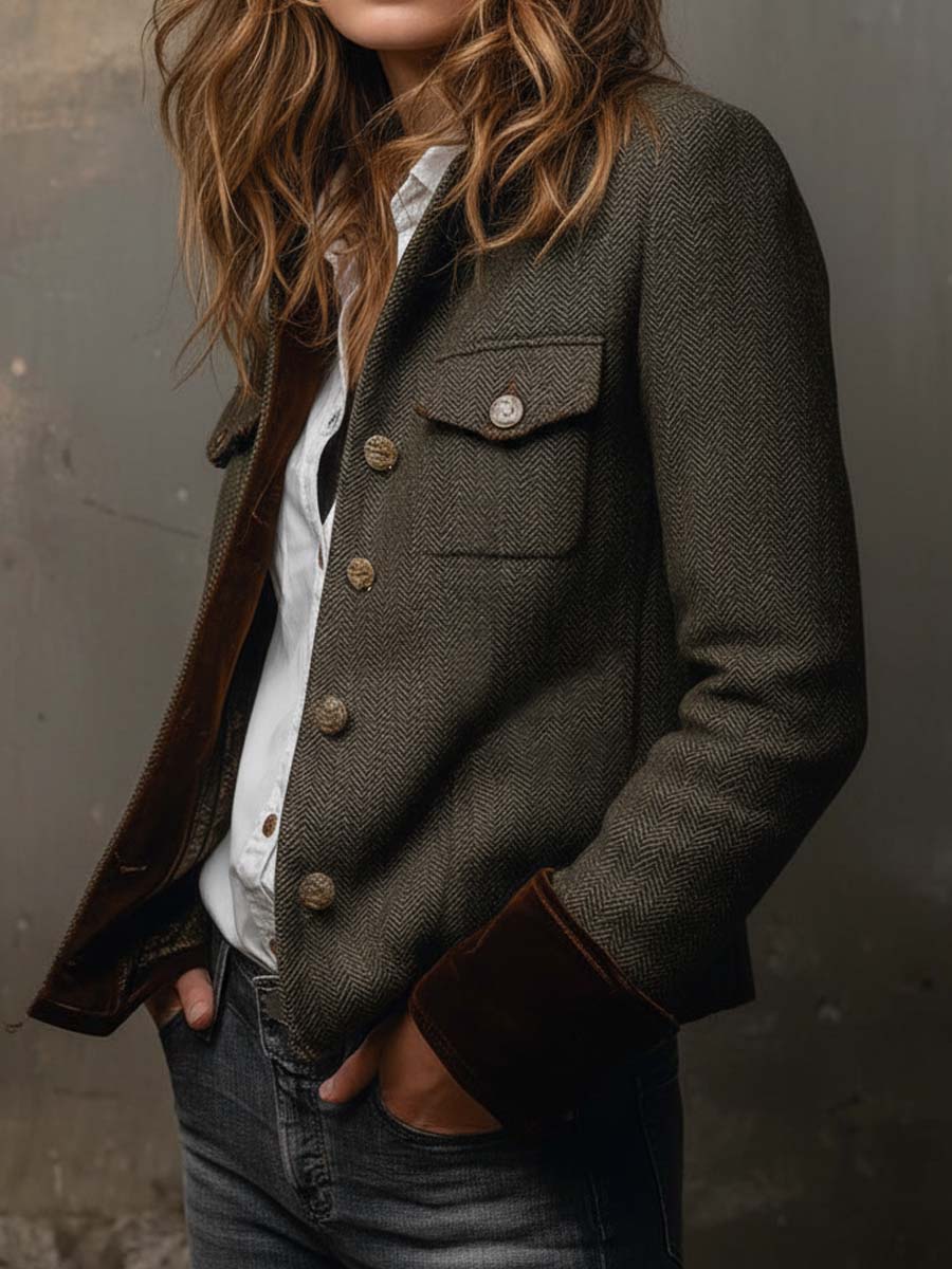 Blazer Autunnale da Donna in Tweed a Spina di Pesce con Colletto in Velluto e Bottoni in Metallo