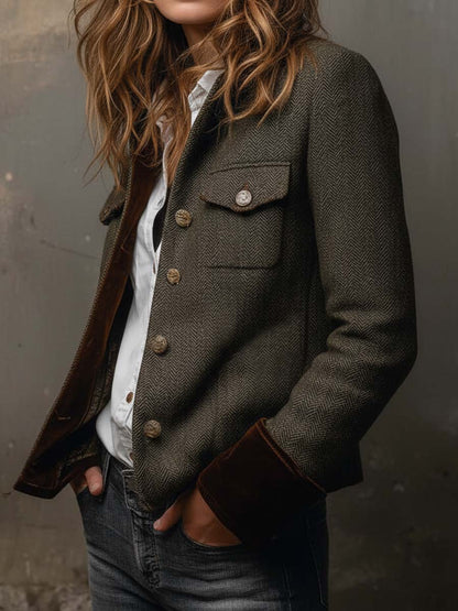 Blazer Autunnale da Donna in Tweed a Spina di Pesce con Colletto in Velluto e Bottoni in Metallo