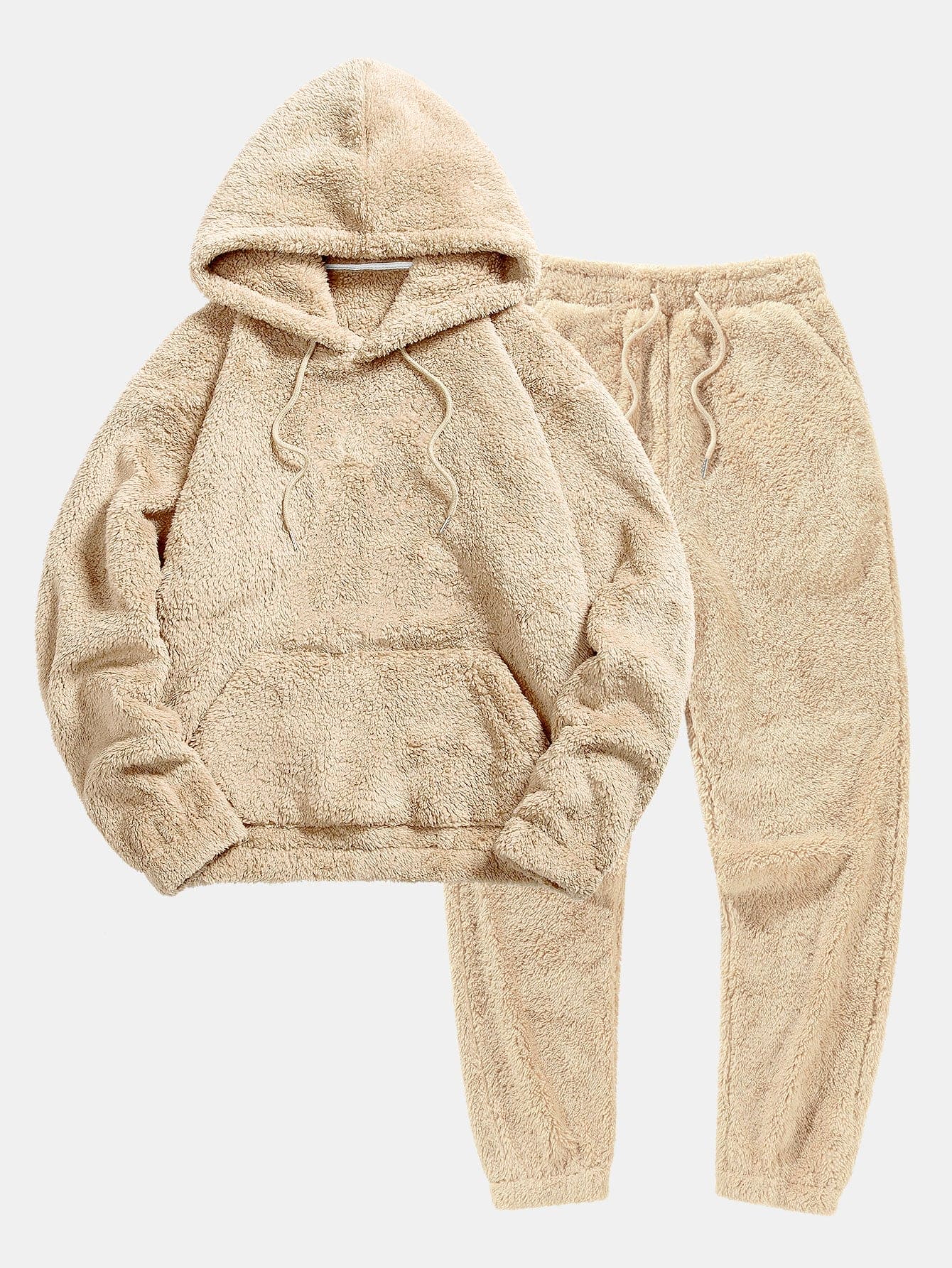 Set tuta in pile beige, composto da felpa con cappuccio e pantaloni, ideale per l'abbigliamento casual e comodo. Perfetto per l'inverno.