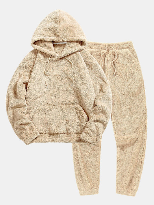 Set tuta in pile beige, composto da felpa con cappuccio e pantaloni, ideale per l'abbigliamento casual e comodo. Perfetto per l'inverno.