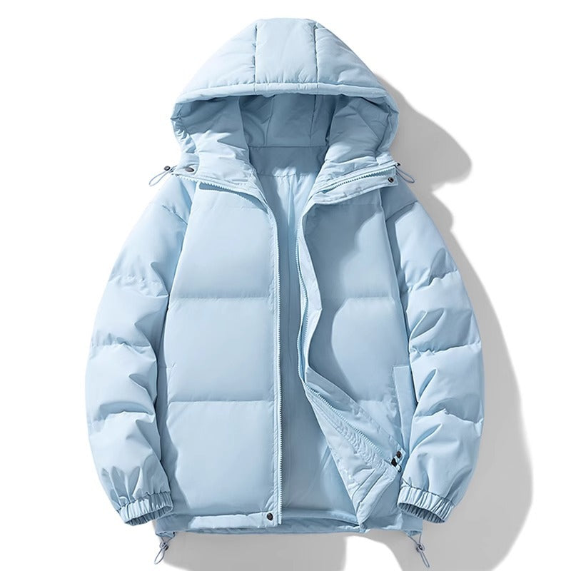 Giacca invernale imbottita azzurra con cappuccio, chiusura a zip, polsini elasticizzati. Ideale per freddo, moda uomo e donna, abbigliamento casual.
