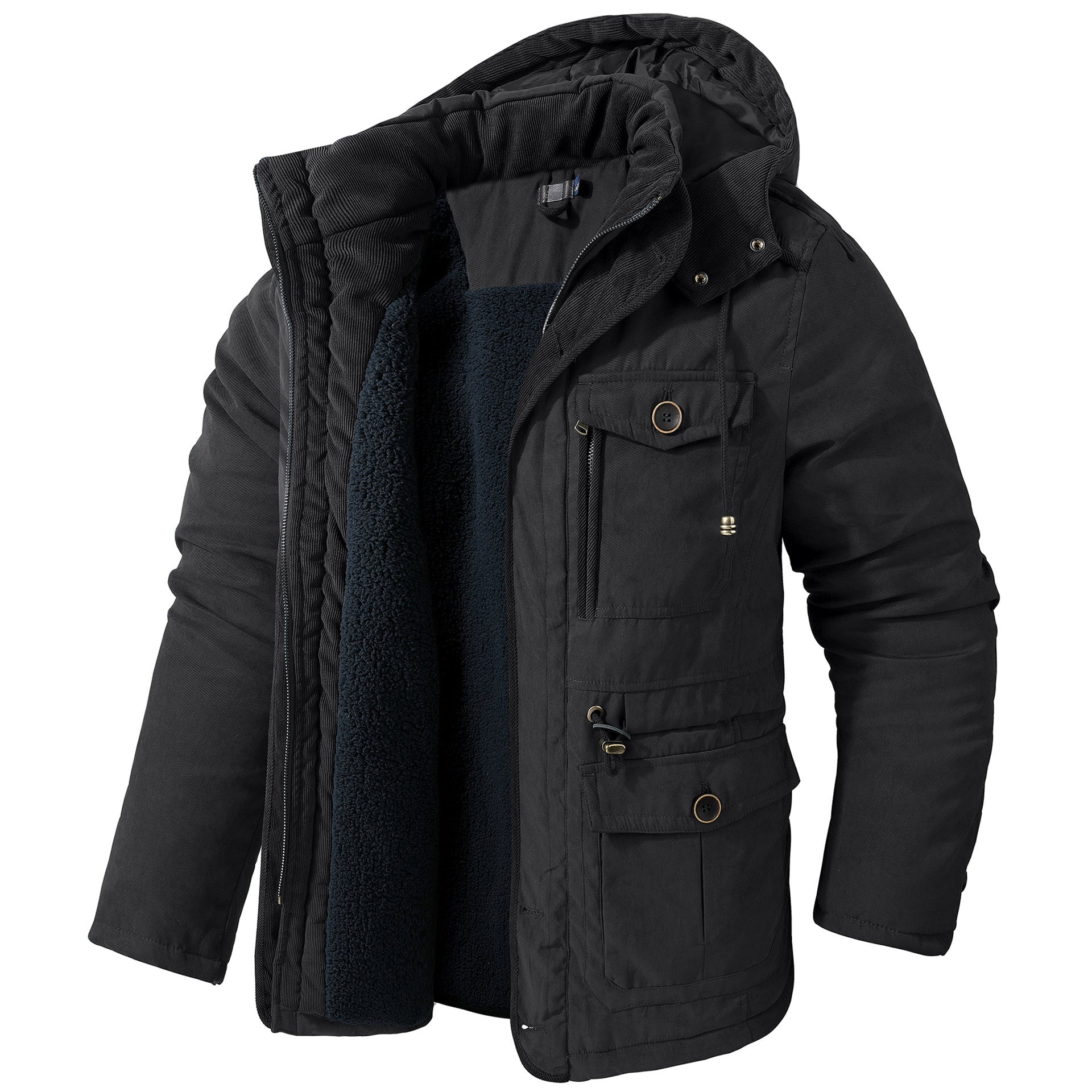 Giacca invernale nera con cappuccio, imbottitura in pile, tasche multiple e chiusura a zip. Abbigliamento caldo e resistente per uomo.