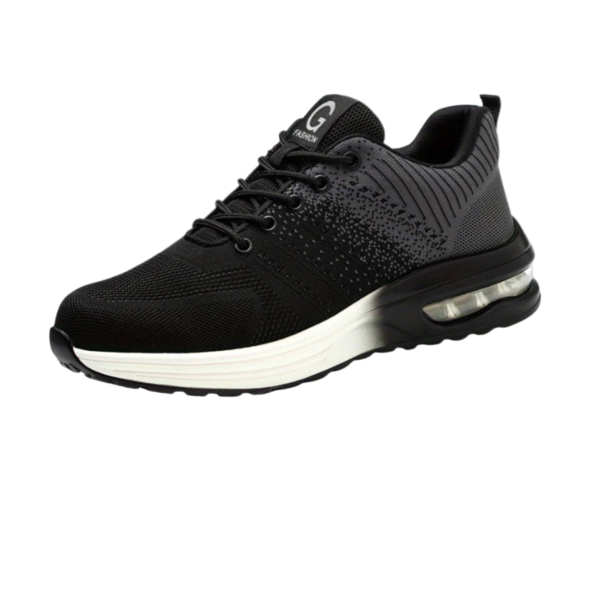Scarpa da ginnastica nera con suola ammortizzata, design moderno e dettagli a rete, ideale per corsa e sport. Comfort e stile per uomo.