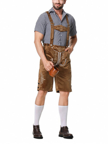 Completo Lederhosen da Uomo con Pantaloni Ricamati Bretelle e Camicia a Quadri per Festival