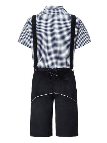 Completo Lederhosen da Uomo con Pantaloni Ricamati Bretelle e Camicia a Quadri per Festival