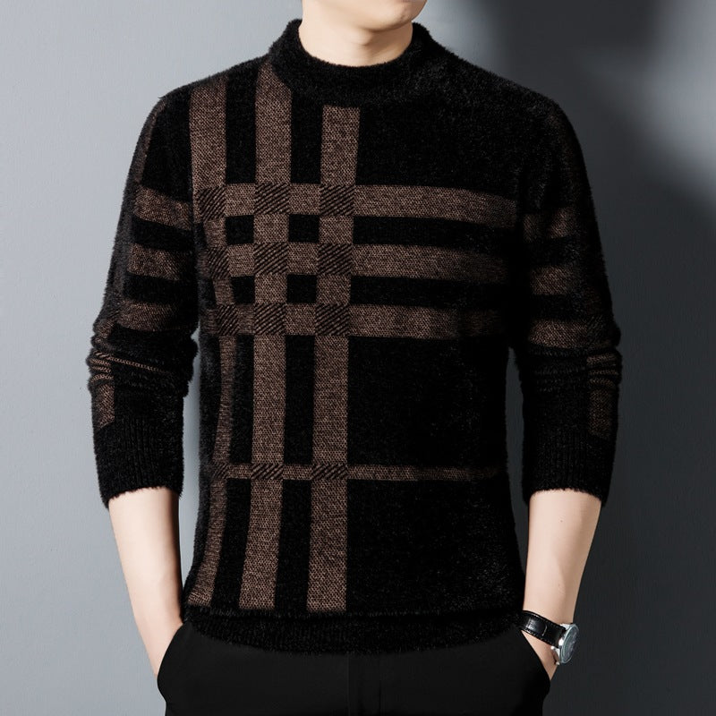 Maglione uomo nero a collo alto con motivo a quadri marroni, maniche lunghe, stile elegante e moderno, perfetto per moda autunnale e invernale.