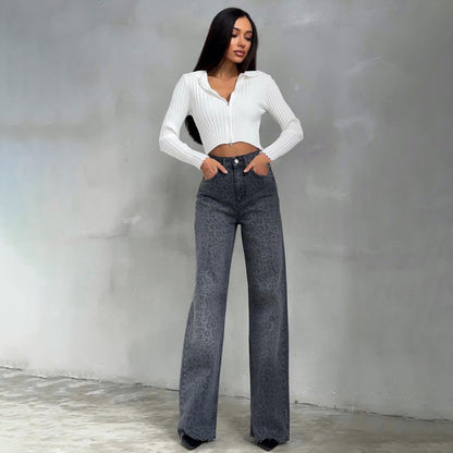 Donna Jeans Skinny Vita Alta con Stampa Leopardata