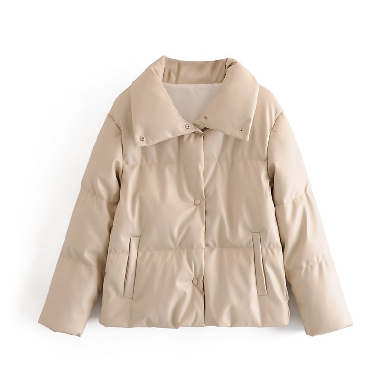 Giacca imbottita beige da donna, design elegante e moderno, perfetta per l'inverno. Cappotto caldo e alla moda, ideale per look casual e urbani.