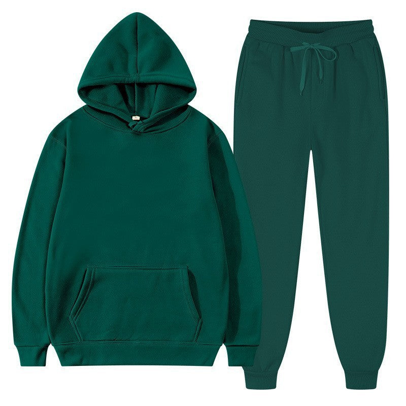 Set tuta verde scuro con felpa con cappuccio e pantaloni, abbigliamento casual unisex, moda sportiva, comodo e versatile per tutte le stagioni.